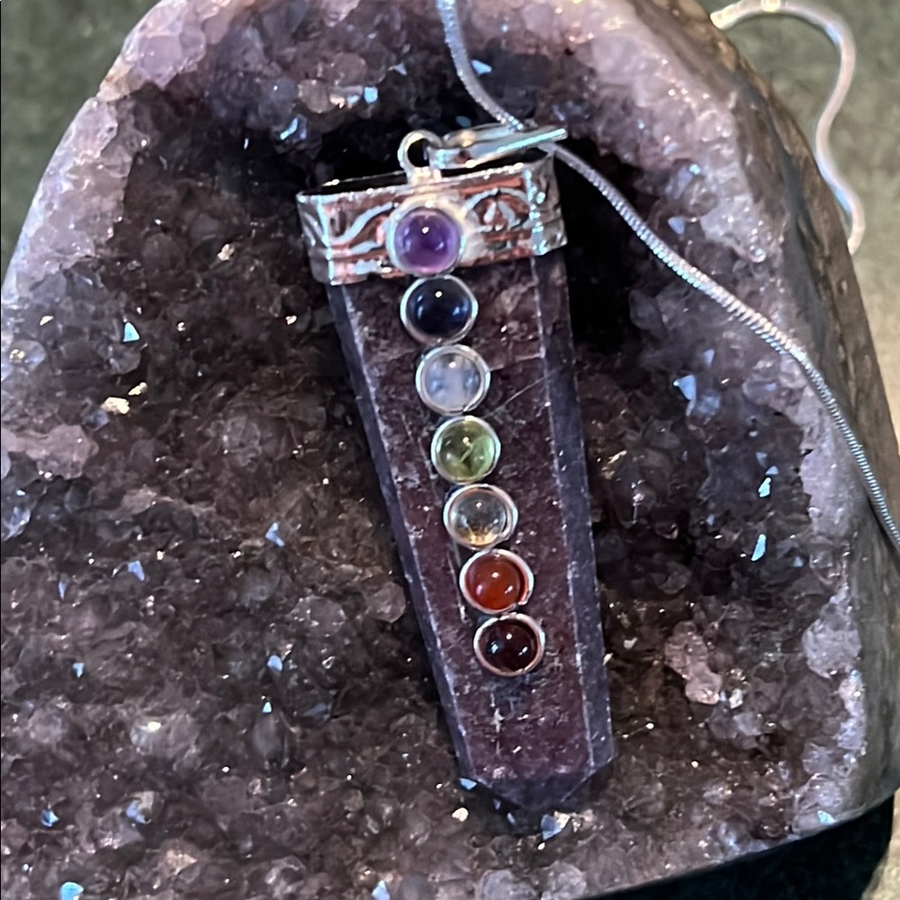 Lepidolite chakra pendant, silver chain